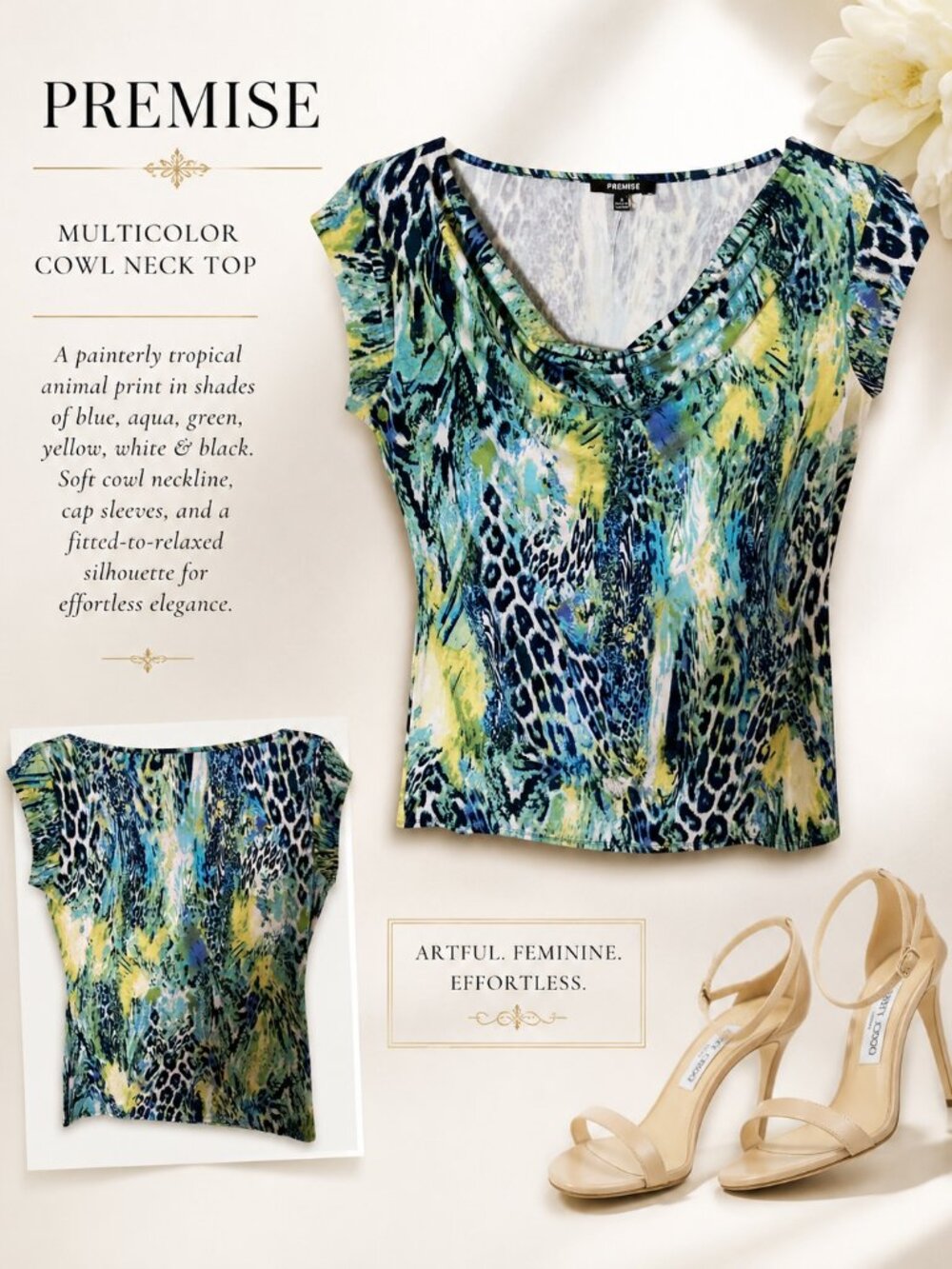 Premise Painterly Tropical Animal Print Drape Cowl Neck Top Small NWT Multicolor
